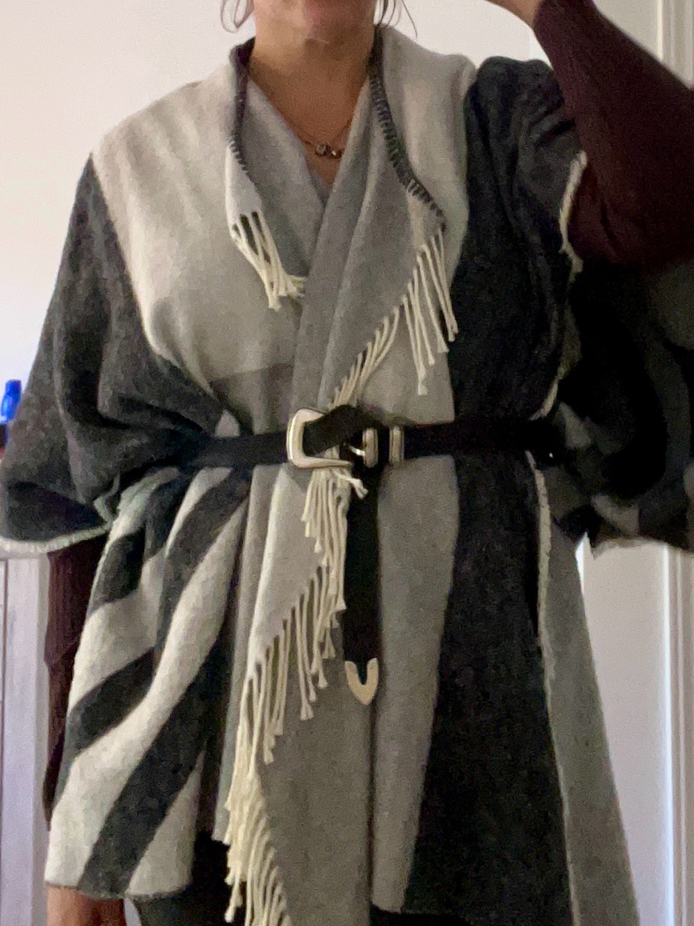 Milano Gray & Charcoal Fringe Open Front Poncho / Wrap